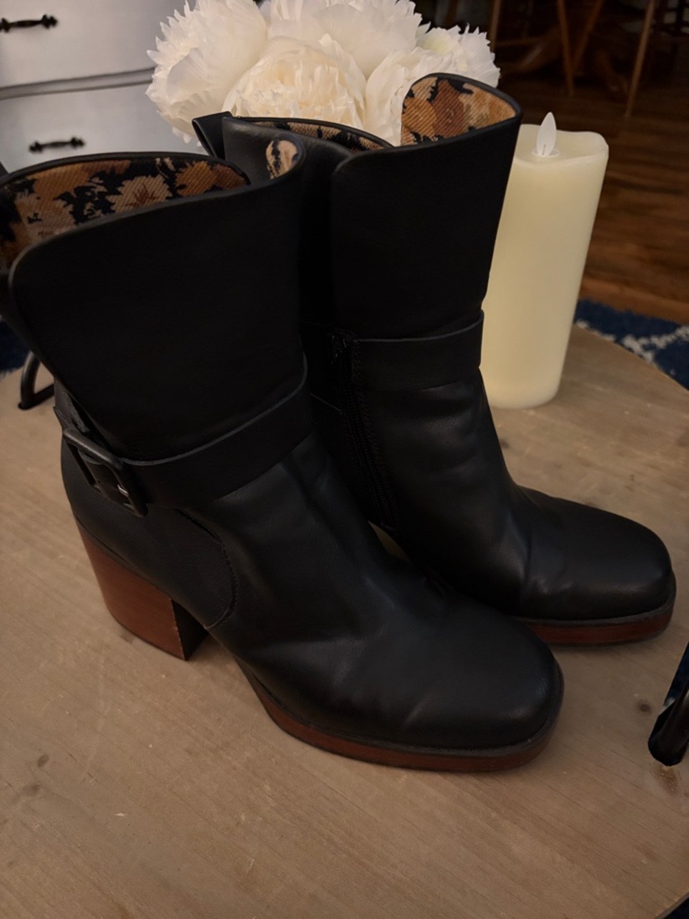 Kork-Ease Marci II Black Leather Ankle Boots with Brown Wood Heel